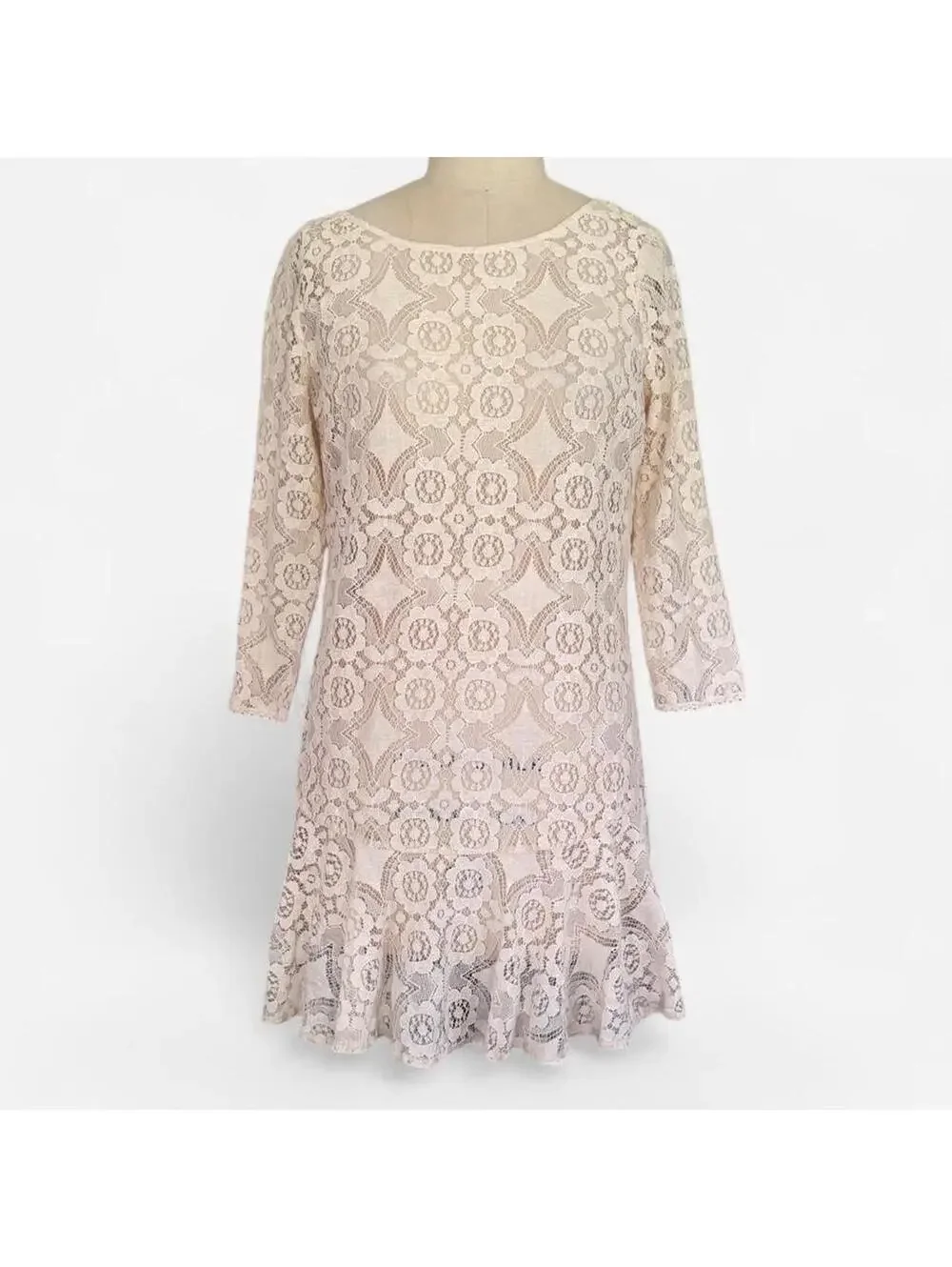 Free People Cream Lace Long Sleeve Boho Cottagecore Shift Dress